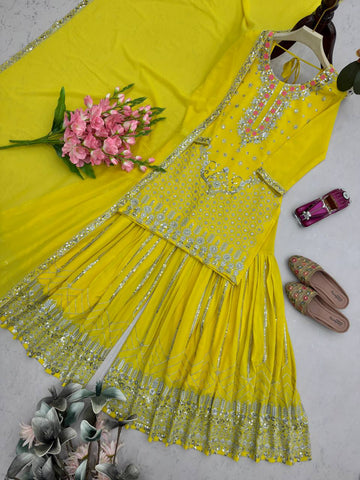 Elegant Yellow Georgette with Embroidery Work Sharara Suit