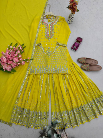 Elegant Yellow Georgette with Embroidery Work Sharara Suit