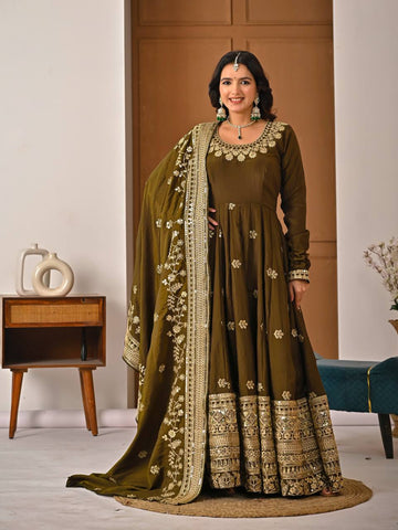 Exclusive Olive Vichitra Silk with Sequence Work Anarkali