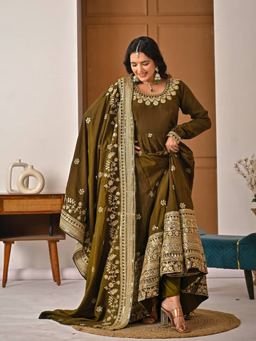 Exclusive Olive Vichitra Silk with Sequence Work Anarkali