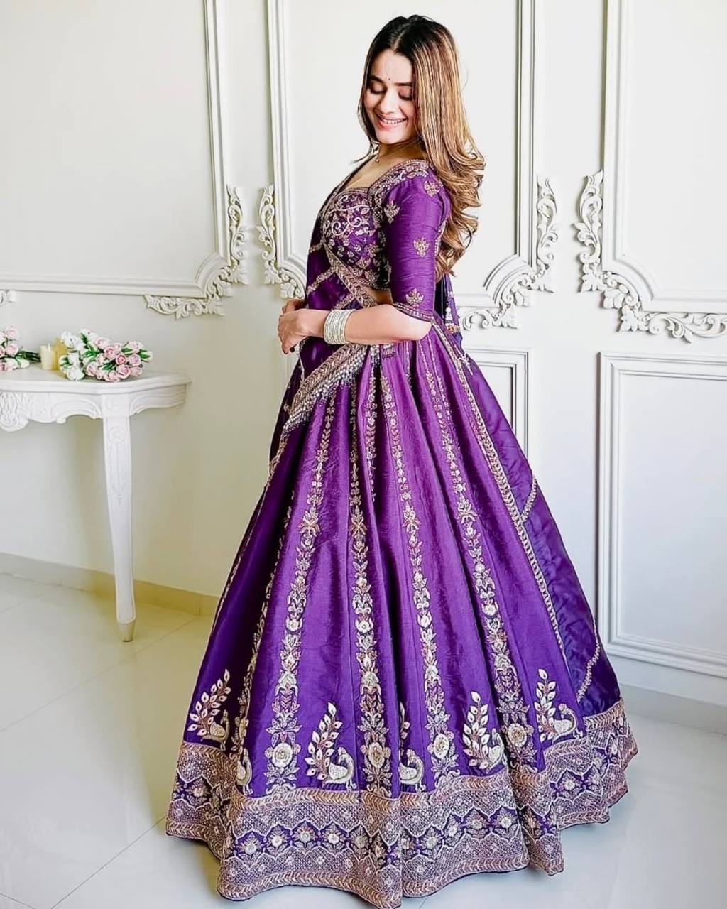 Alluring Purple Vichitra Silk with Thread and Sequence Work Lehenga