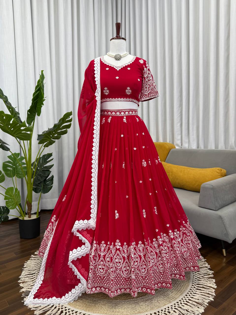 Stunning Red Foux Georgette with Thread Work Lehenga