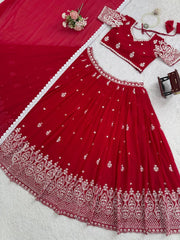 Stunning Red Foux Georgette with Thread Work Lehenga