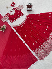 Stunning Red Foux Georgette with Thread Work Lehenga