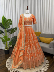 Exclusive Orange Foux Georgette with Thread and Sequence Work Lehenga