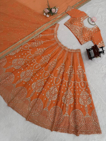 Exclusive Orange Foux Georgette with Thread and Sequence Work Lehenga