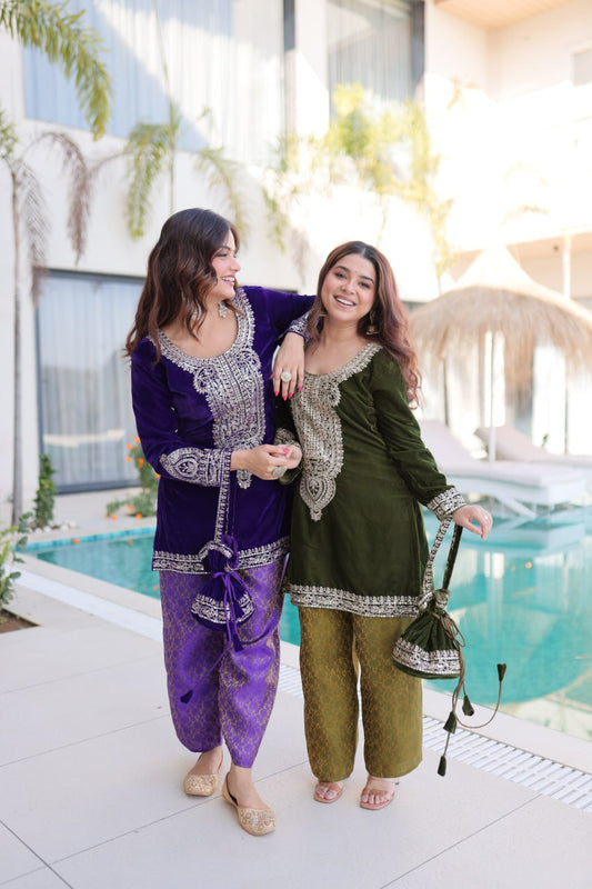 Exclusive Purple Velvet with Zari Coding Embroidered Sharara Suit