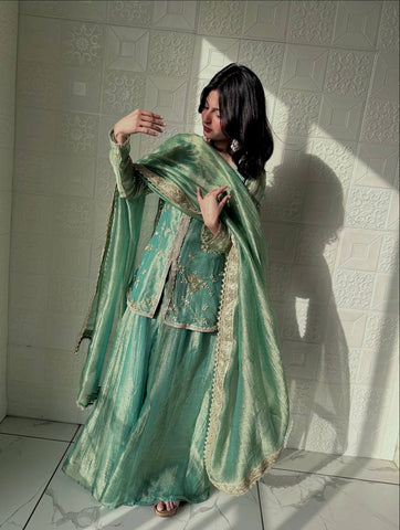 Amazing Green Silk with Embroidery Palazzo Suit