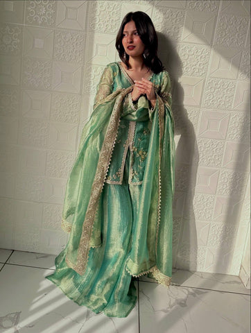 Amazing Green Silk with Embroidery Palazzo Suit