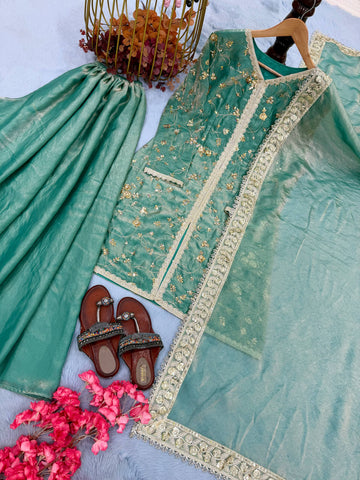 Amazing Green Silk with Embroidery Palazzo Suit
