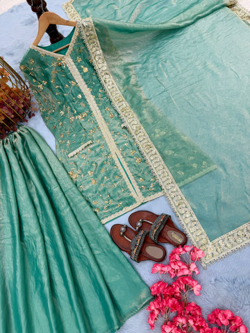 Amazing Green Silk with Embroidery Palazzo Suit