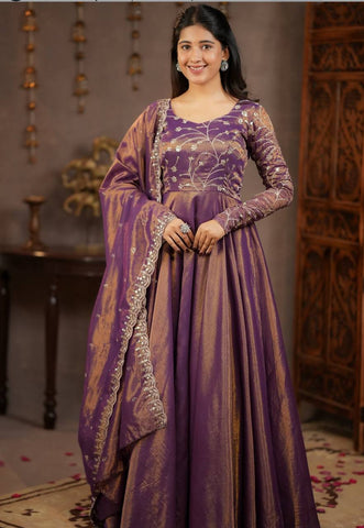 Gorgeous Purple Heavy Cosmos Silk Embroidery Work Anarkali