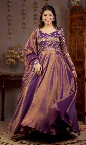 Gorgeous Purple Heavy Cosmos Silk Embroidery Work Anarkali