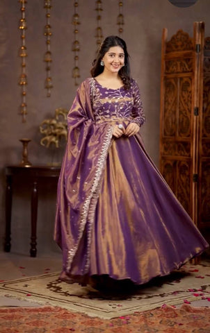 Gorgeous Purple Heavy Cosmos Silk Embroidery Work Anarkali