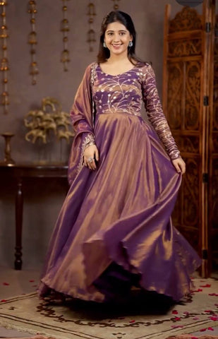 Gorgeous Purple Heavy Cosmos Silk Embroidery Work Anarkali