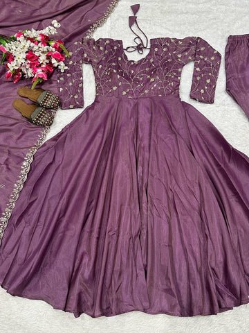 Gorgeous Purple Heavy Cosmos Silk Embroidery Work Anarkali