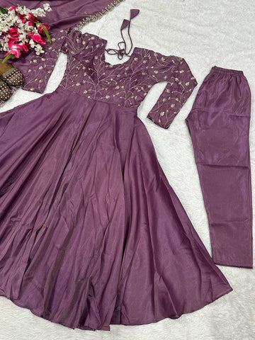 Gorgeous Purple Heavy Cosmos Silk Embroidery Work Anarkali