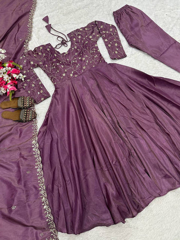 Gorgeous Purple Heavy Cosmos Silk Embroidery Work Anarkali