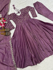 Gorgeous Purple Heavy Cosmos Silk Embroidery Work Anarkali