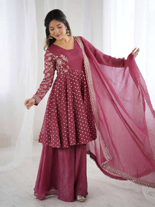 Exclusive Yellow Crunchy Silk with Embroidery Sequence Work Sharara Suit