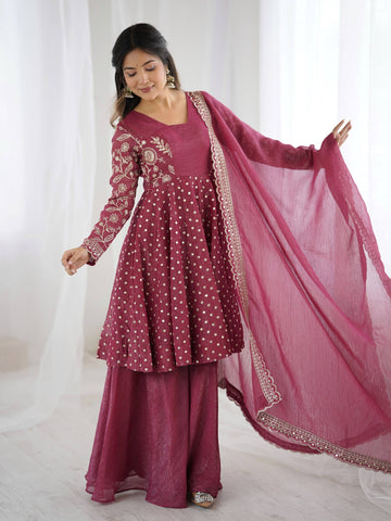 Exclusive Yellow Crunchy Silk with Embroidery Sequence Work Sharara Suit