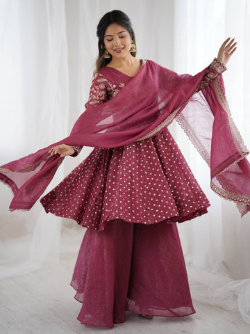 Exclusive Yellow Crunchy Silk with Embroidery Sequence Work Sharara Suit