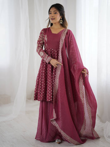 Exclusive Yellow Crunchy Silk with Embroidery Sequence Work Sharara Suit