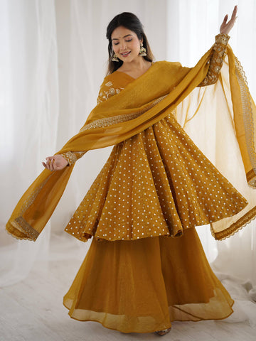 Exclusive Yellow Crunchy Silk with Embroidery Sequence Work Sharara Suit