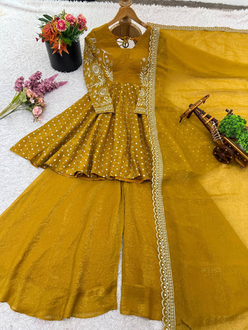 Exclusive Yellow Crunchy Silk with Embroidery Sequence Work Sharara Suit