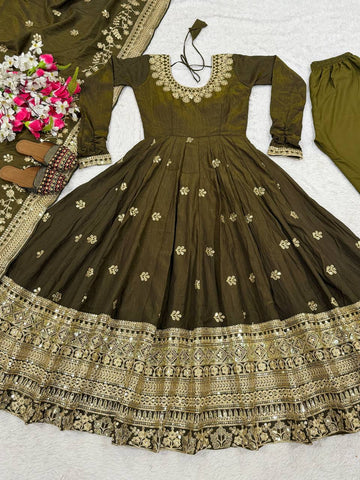 Exclusive Olive Vichitra Silk with Sequence Work Anarkali