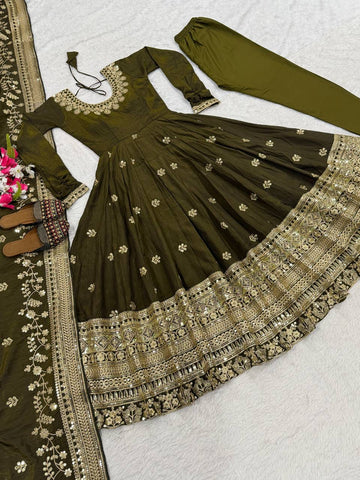 Exclusive Olive Vichitra Silk with Sequence Work Anarkali
