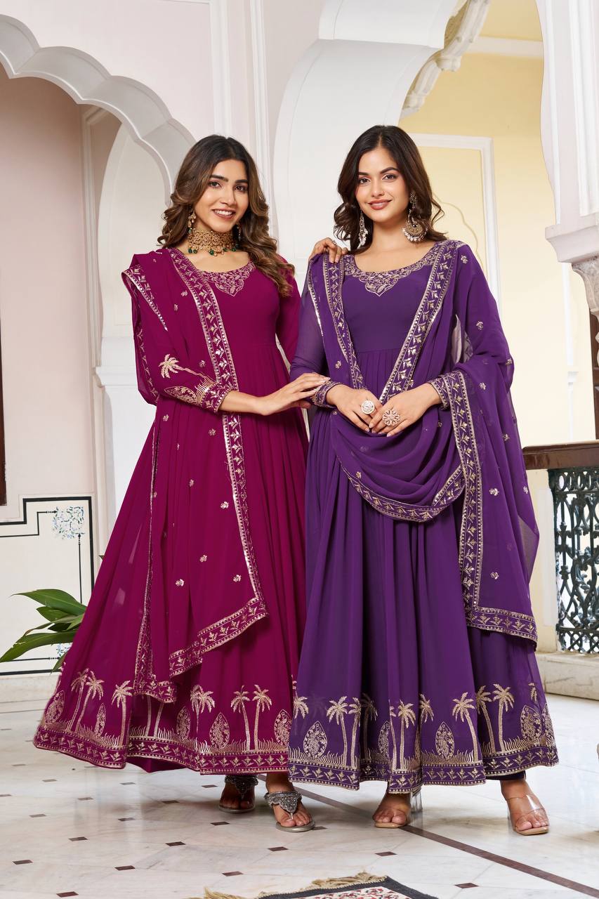 Charming Purple Faux Georgette Thread Work Gown