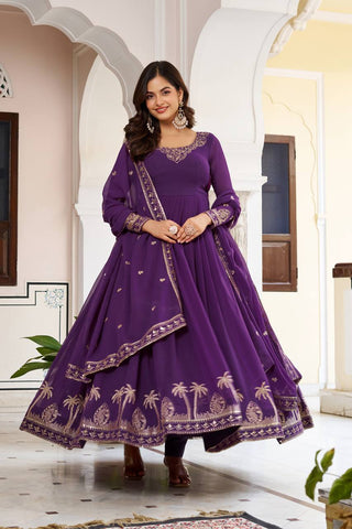Charming Purple Faux Georgette Thread Work Gown
