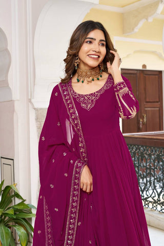 Charming Purple Faux Georgette Thread Work Gown