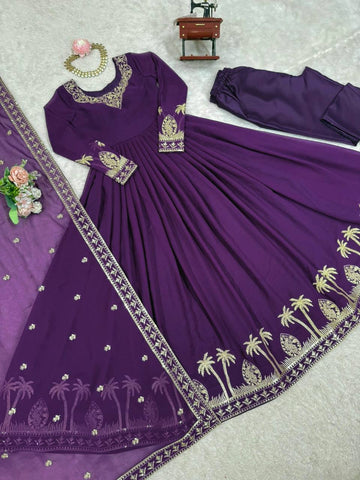Charming Purple Faux Georgette Thread Work Gown