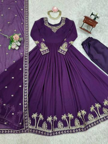 Charming Purple Faux Georgette Thread Work Gown
