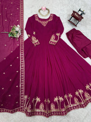Charming Purple Faux Georgette Thread Work Gown