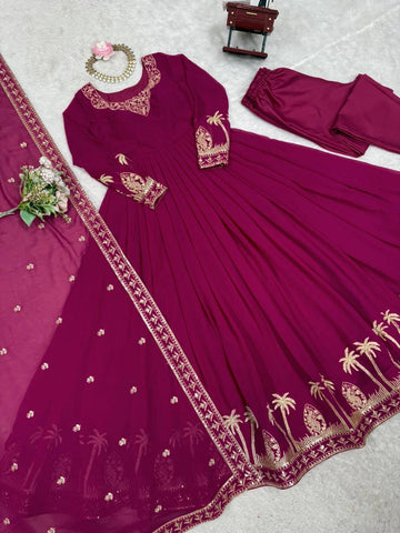 Charming Purple Faux Georgette Thread Work Gown