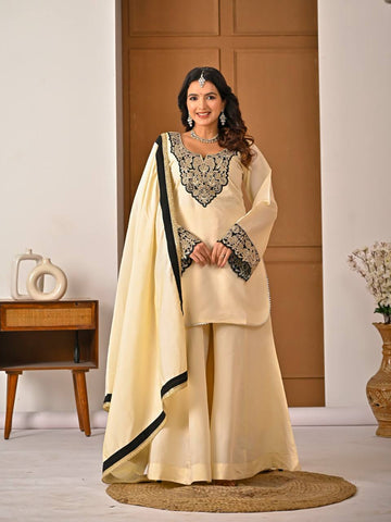 Exclusive Cream Heavy Roman Silk Embroidery Sharara Suit