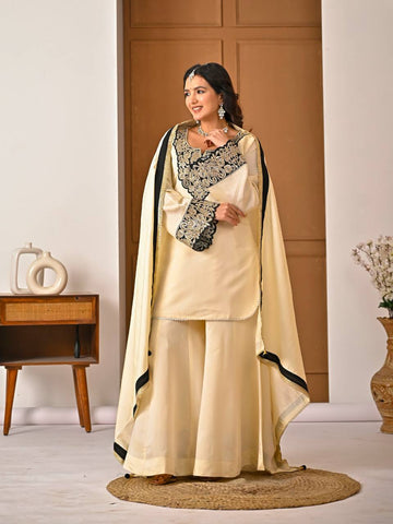 Exclusive Cream Heavy Roman Silk Embroidery Sharara Suit