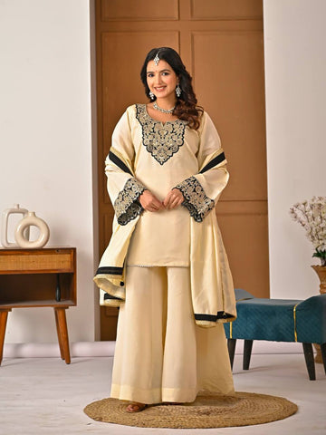 Exclusive Cream Heavy Roman Silk Embroidery Sharara Suit