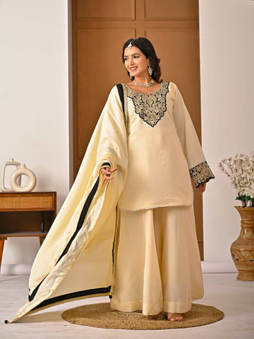 Exclusive Cream Heavy Roman Silk Embroidery Sharara Suit