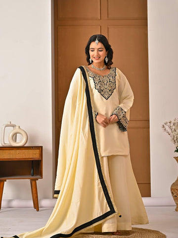 Exclusive Cream Heavy Roman Silk Embroidery Sharara Suit