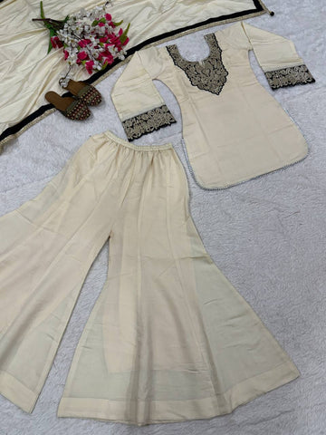 Exclusive Cream Heavy Roman Silk Embroidery Sharara Suit