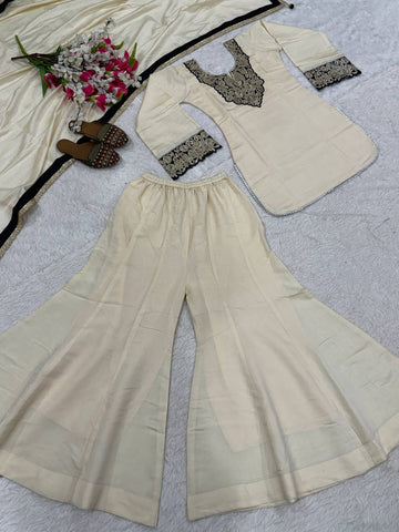 Exclusive Cream Heavy Roman Silk Embroidery Sharara Suit
