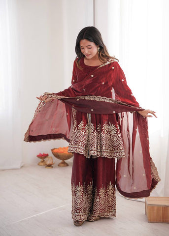 Lovely Maroon Fandy Silk with Embroidery Work Sharara Suit