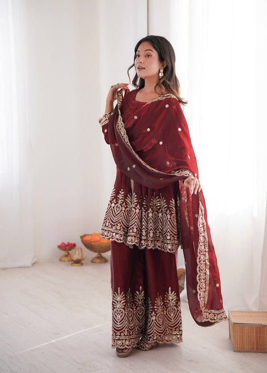 Lovely Maroon Fandy Silk with Embroidery Work Sharara Suit