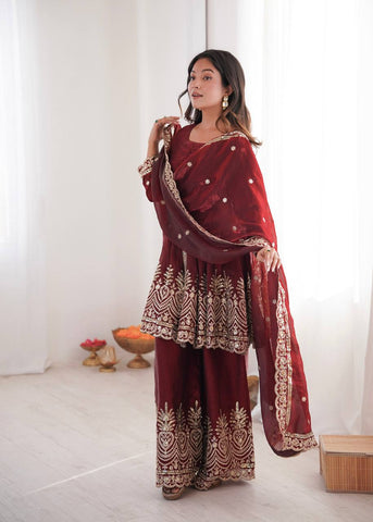Lovely Maroon Fandy Silk with Embroidery Work Sharara Suit