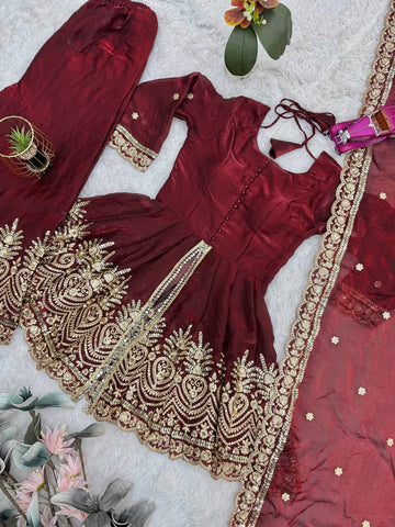 Lovely Maroon Fandy Silk with Embroidery Work Sharara Suit
