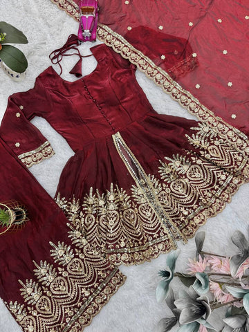 Lovely Maroon Fandy Silk with Embroidery Work Sharara Suit